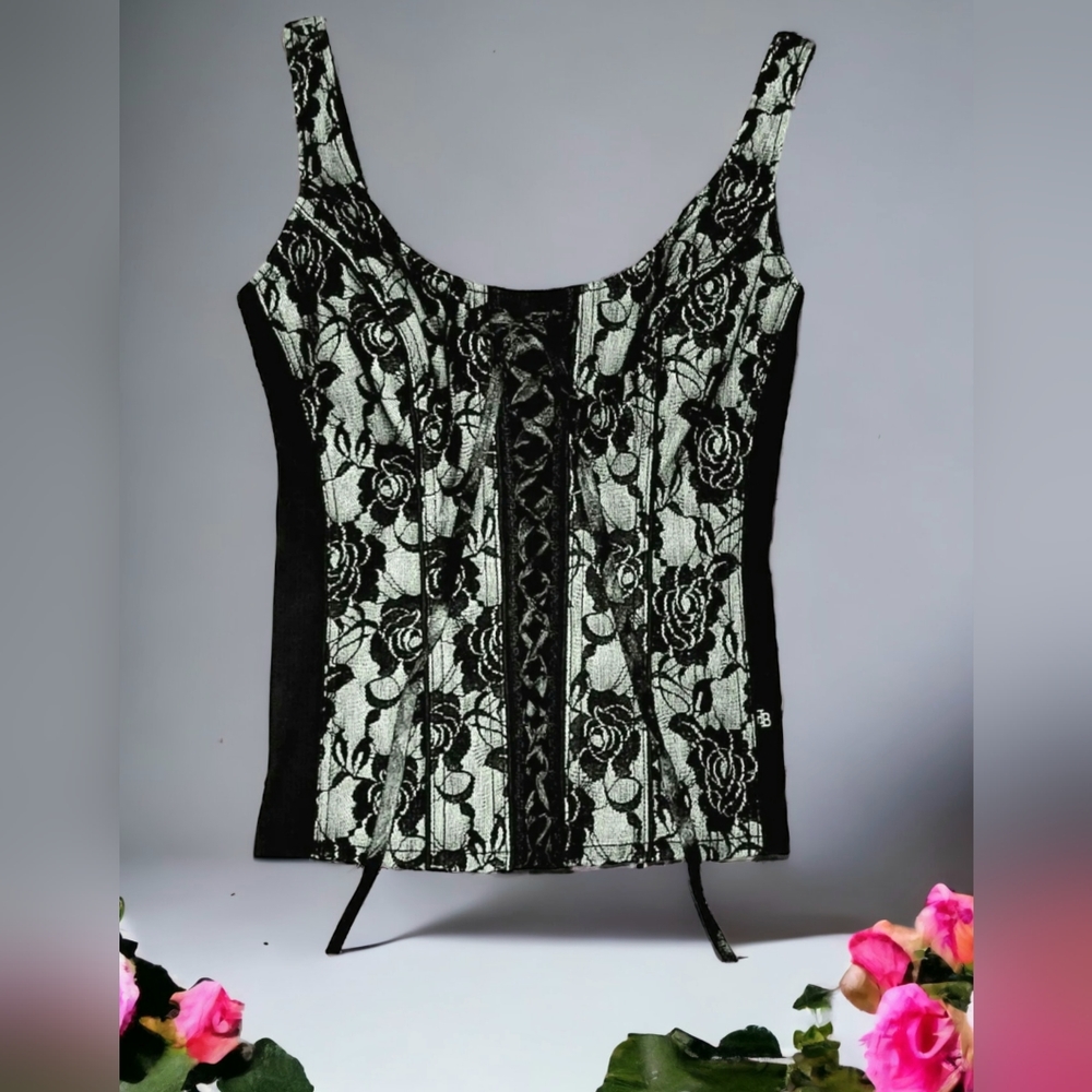 ROYAL BONES BLACK ROSE LACE CORSET TOP Sexy Romantic Gothic Punk Stretch Zip S